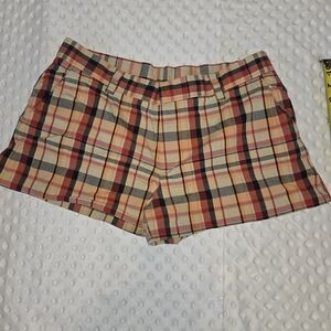 AMERICAN EAGLE Sz 8 Stretch Cotton Plaid Madras Shorts Orange Khaki